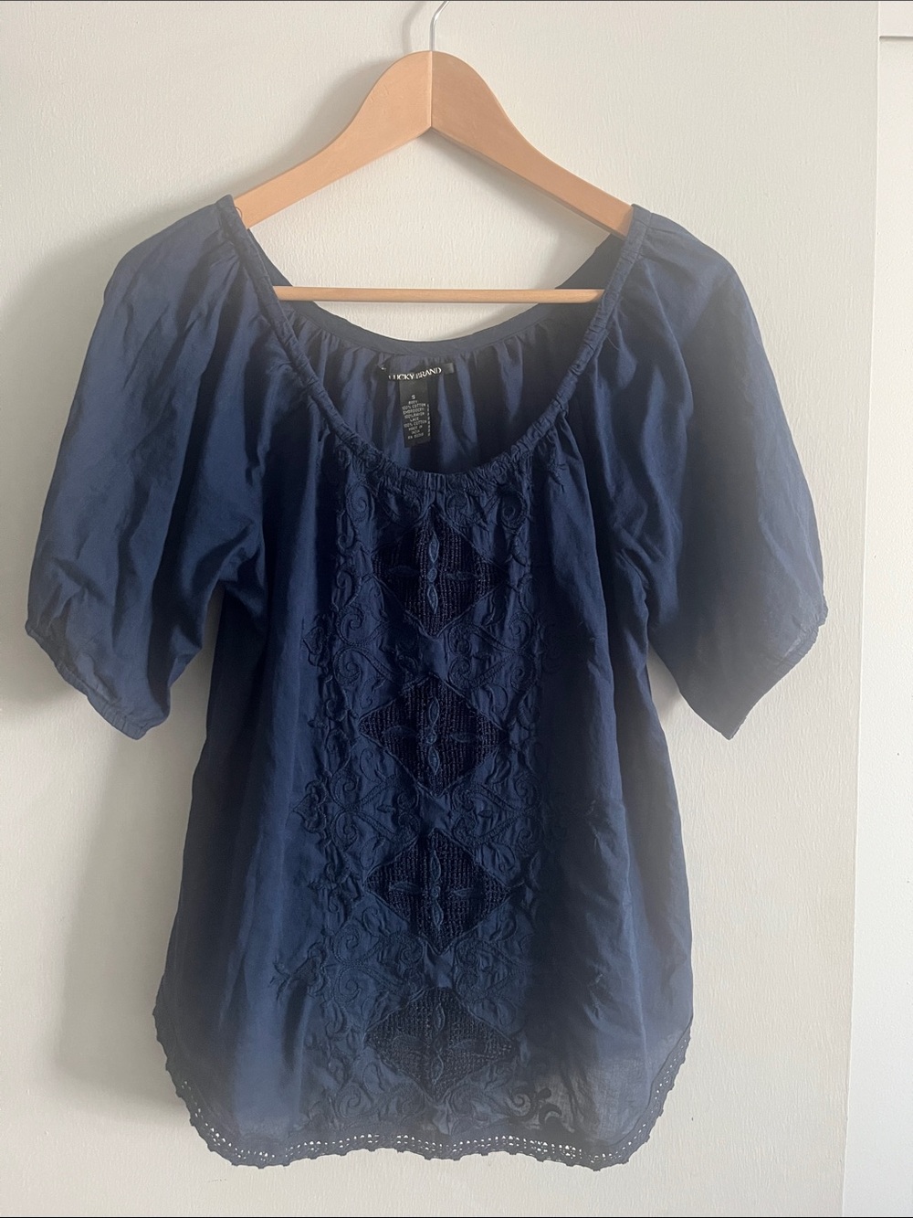 Lucky Brand 100% Cotton Embroidered Peasant Blouse Size Small